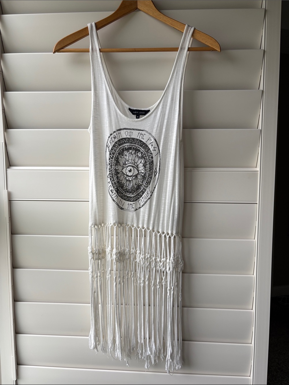 New Look White Fringe Tank Top with Black Graphic